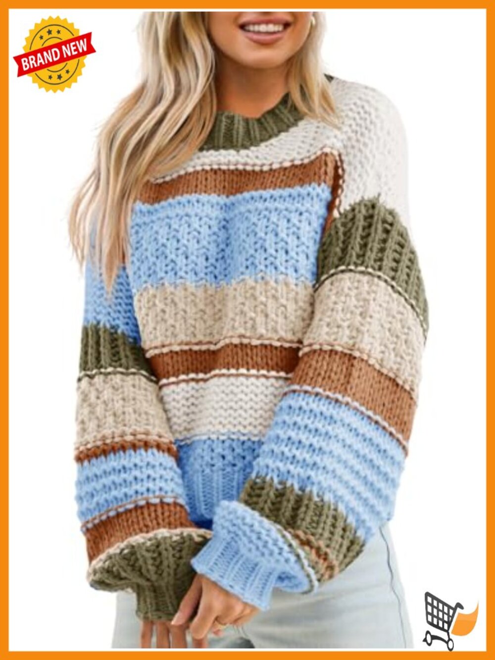 Chunky Knit Cropped Pullover Sweater Long Sleeve Color Block Striped Womens Fall